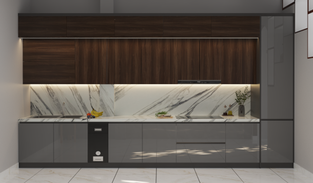 Tủ bếp trên gỗ dưới nhựa  cánh phủ Acrylic