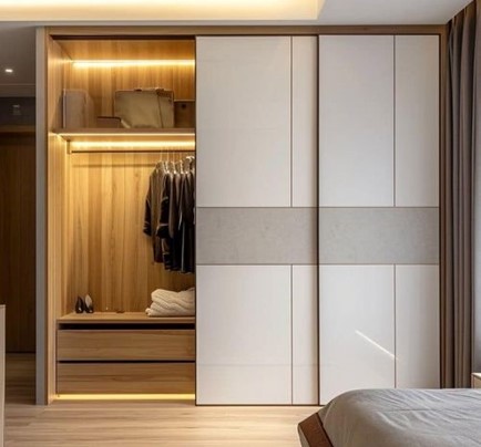 Tủ áo chất liệu gỗ MDF, cánh phẳng  có đèn led