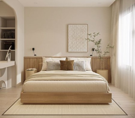 Giường gỗ MDF, phủ melamin, đầu giường không bọc nệm, không có ngăn kéo