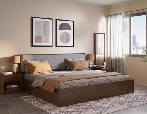 Giường gỗ MDF, phủ melamin, đầu giường bọc nệm, không có ngăn kéo