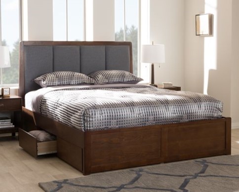 Giường gỗ MDF, phủ melamin, đầu giường bọc nệm có ngăn kéo