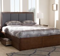 Giường gỗ MDF, phủ melamin, đầu giường bọc nệm có ngăn kéo